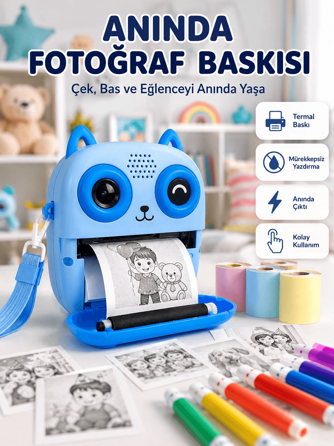 2.4'' Ips Ekranlı Çocuk Fotoğraf Makinesi Hd Çekim Ve Anında Baskı Keyfi