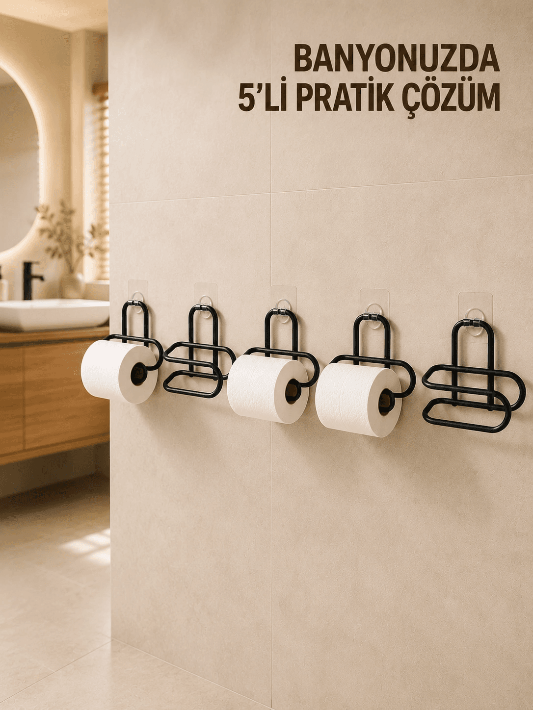 5 Adet Duvara Yapışkanlı Wc Kağıtlık Delmeden Montaj Siyah Metal Tuvalet Kağıdı Askısı