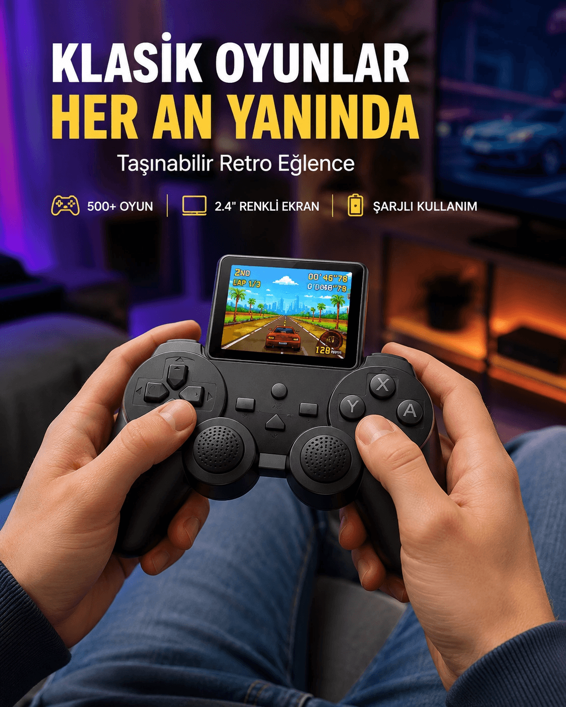 500 Dahili Oyunlu Taşınabilir Retro El Konsolu-2.4 İnç Renkli Ekranlı
