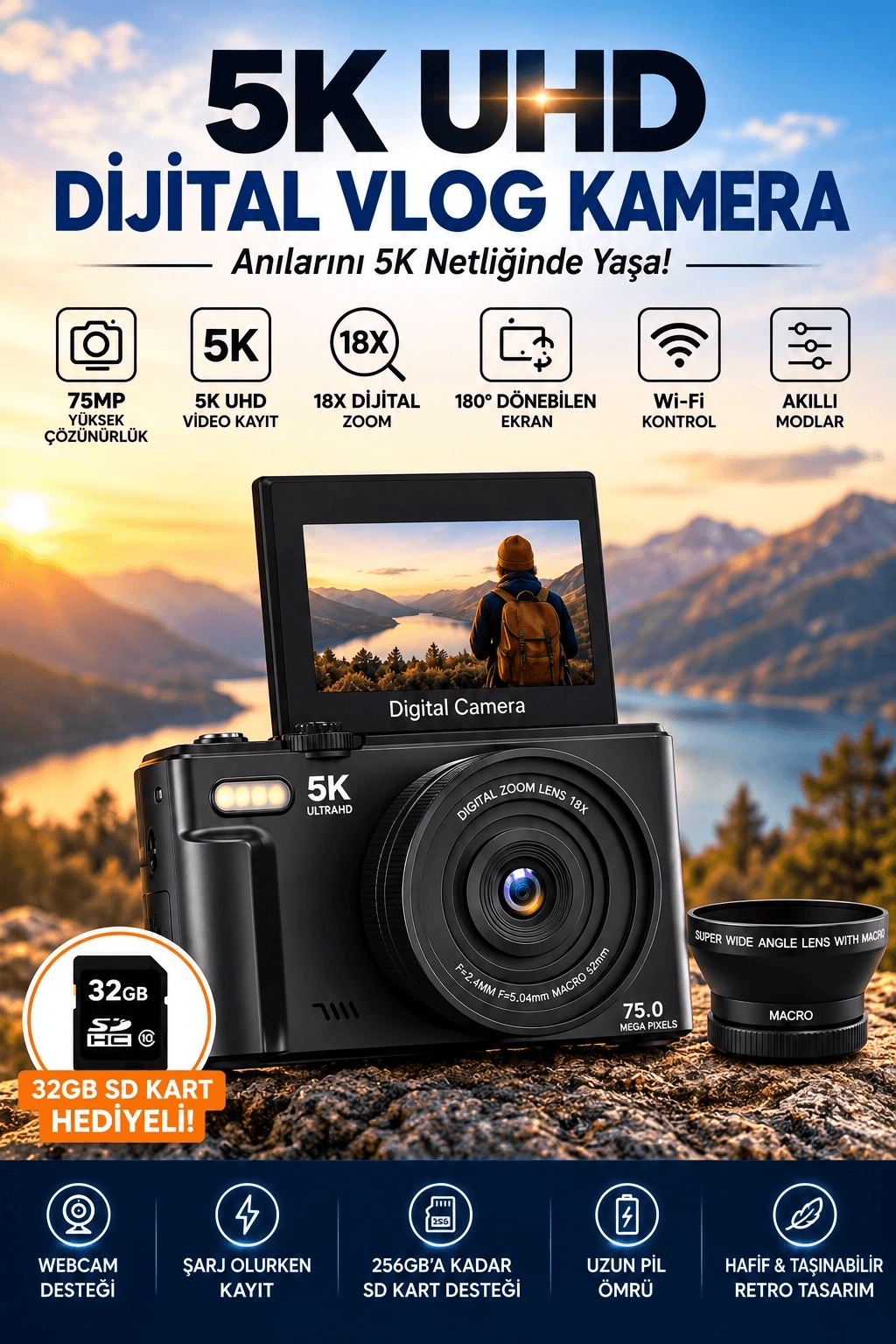 5k 75mp 18x Zoom Flaşlı 3” Flip Ekranlı Türkçe 32gb Kart Dijital Vlog Fotoğraf Makinesi Lens Hediyeli