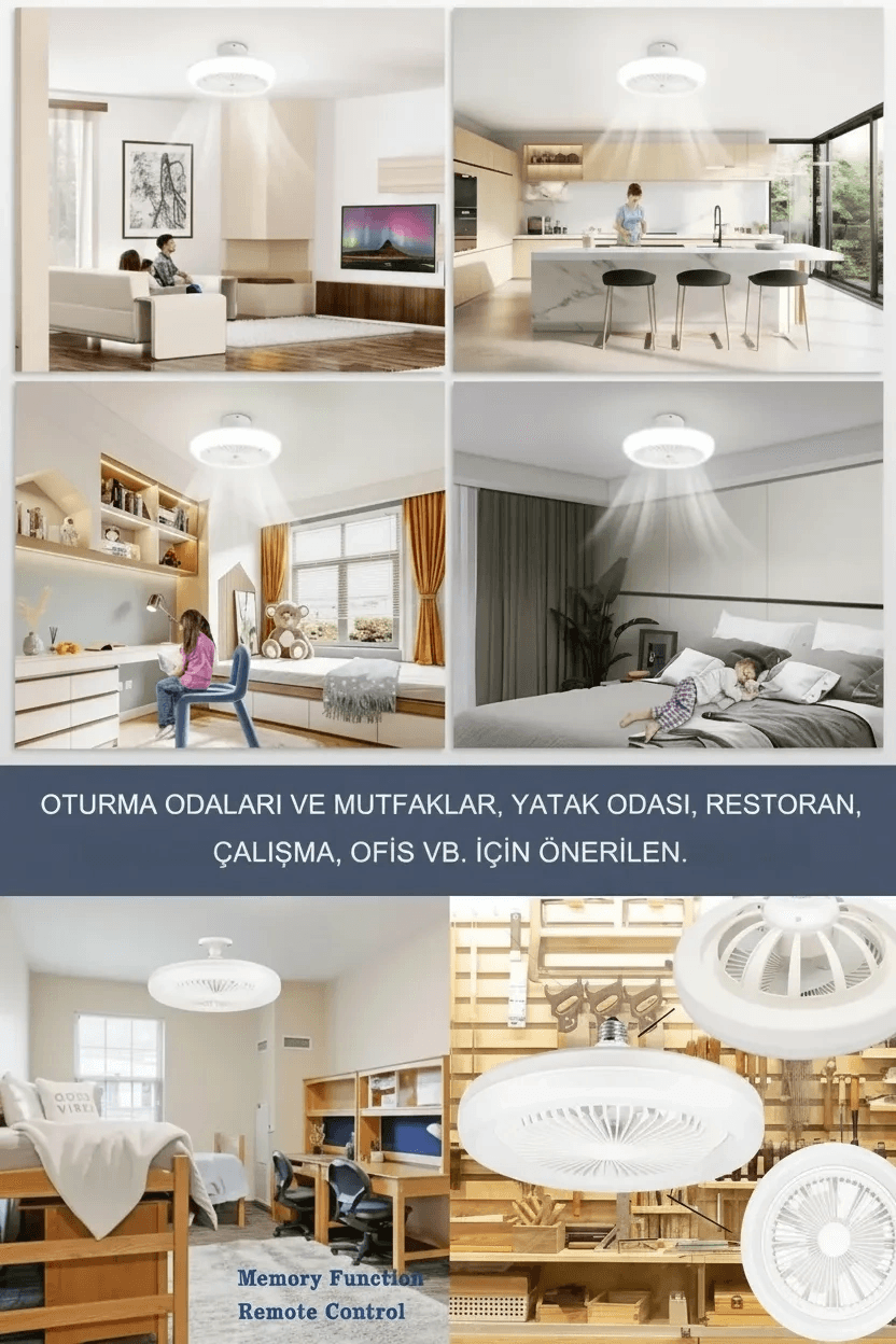 E27 Duylu Kumandalı Tavan Vantilatörlü Led Lamba 3 Hız Ve Renk Ayarlı Tavan Pervanesi