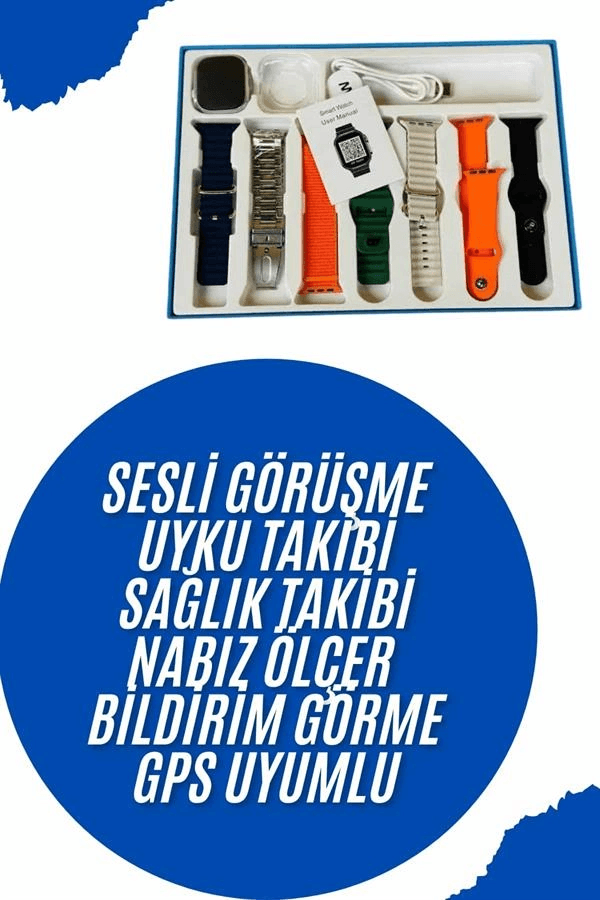 Akıllı Saat 7 Kordon Hediyeli Takvim Alarm Nabız Ölçer Bildirim Görme Sesli Görüşme