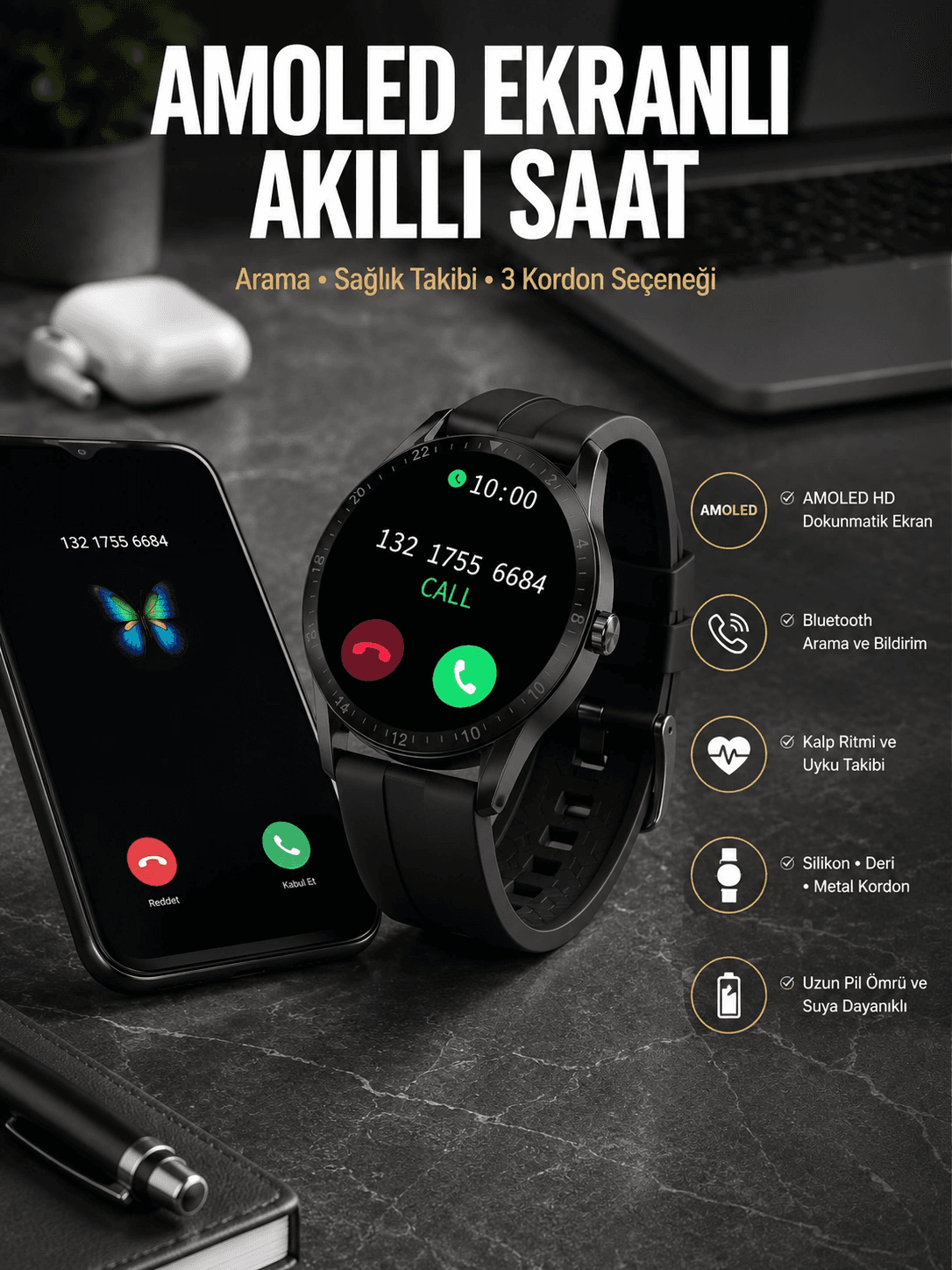 Akıllı Saat Amoled Ekran 3 Kordonlu Nfc Ve Gps Uyumlu