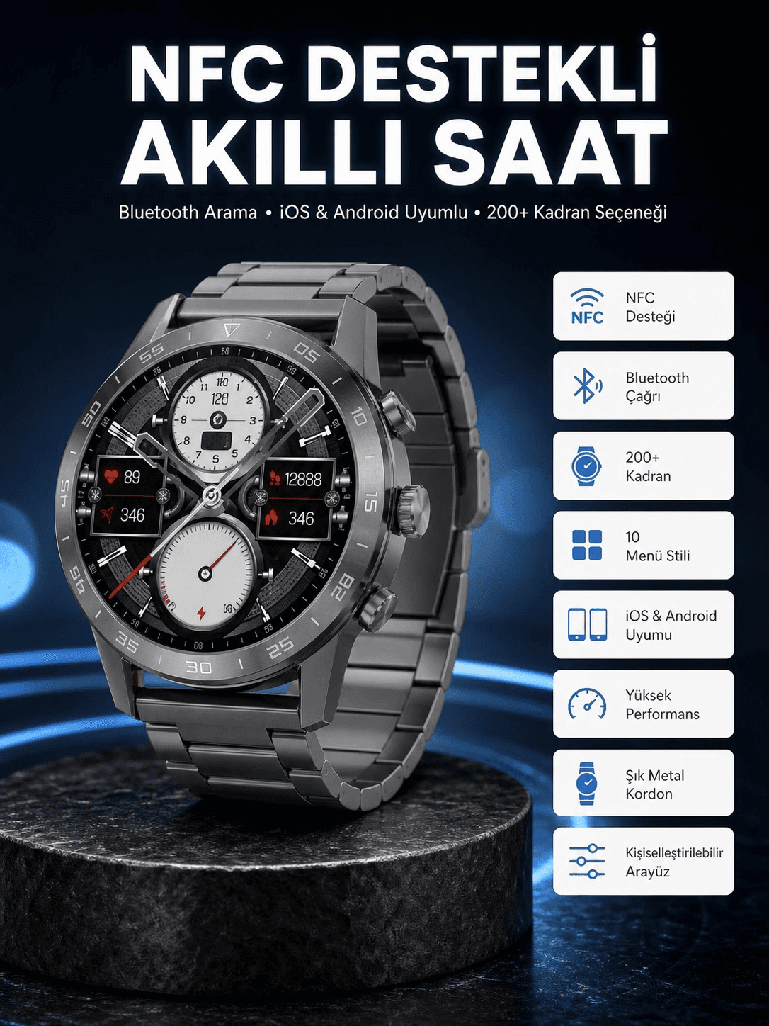Akıllı Saat Çelik Kordon Çağrı Cevaplama Amoled Ekran Titreşimli Uyku Ve Sağlık Takibi