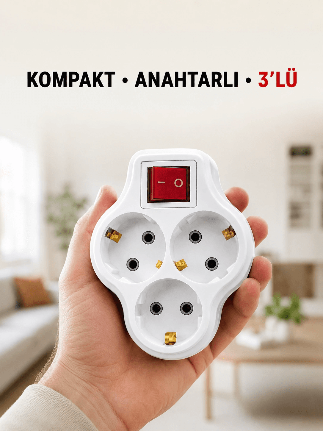 Anahtarlı 3’lü Priz Çoğaltıcı Kablosuz Duvar Tipi Topraklı Priz Çoklayıcı