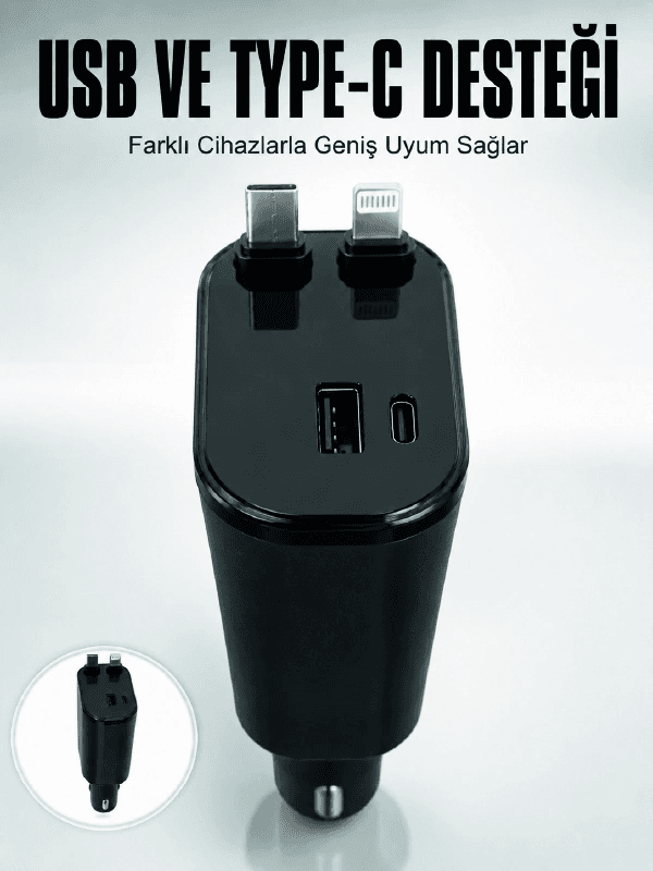 Araç Çakmaklık Şarj Cihazı 120w Type-c & Lightning Kablolu Çoklu Hızlı Şarj İstasyonu