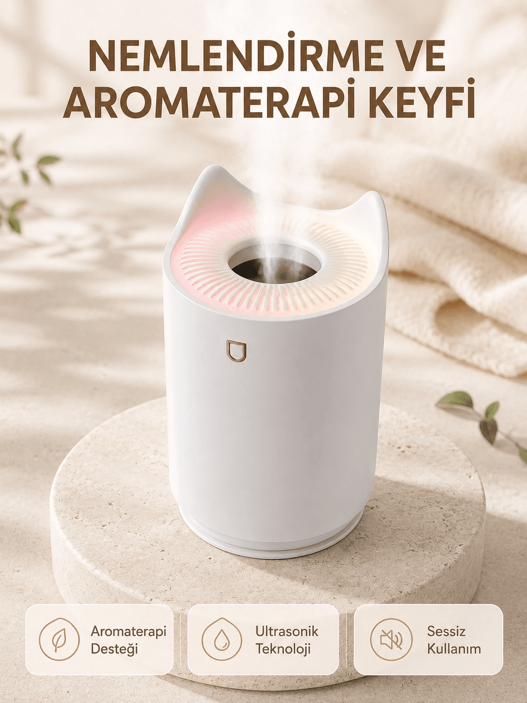 Aroma Difüzör Hava Nemlendirici Sessiz Çalışma Led Gece Lambası