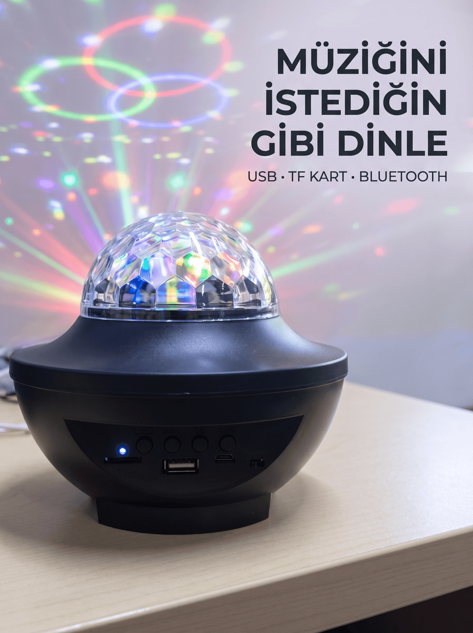 Bluetooth Müzikli Disko Işığı Rgb Parti Projektörü Dahili Hoparlör Usb Micro Sd Destekli