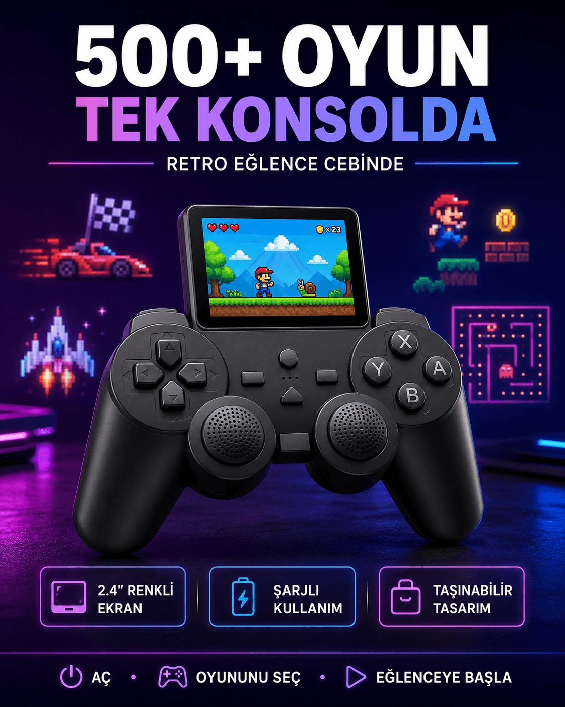 Çocuklar Ve Yetişkinler İçin Uygun 500 Oyunlu Taşınabilir Mini Retro El Konsolu