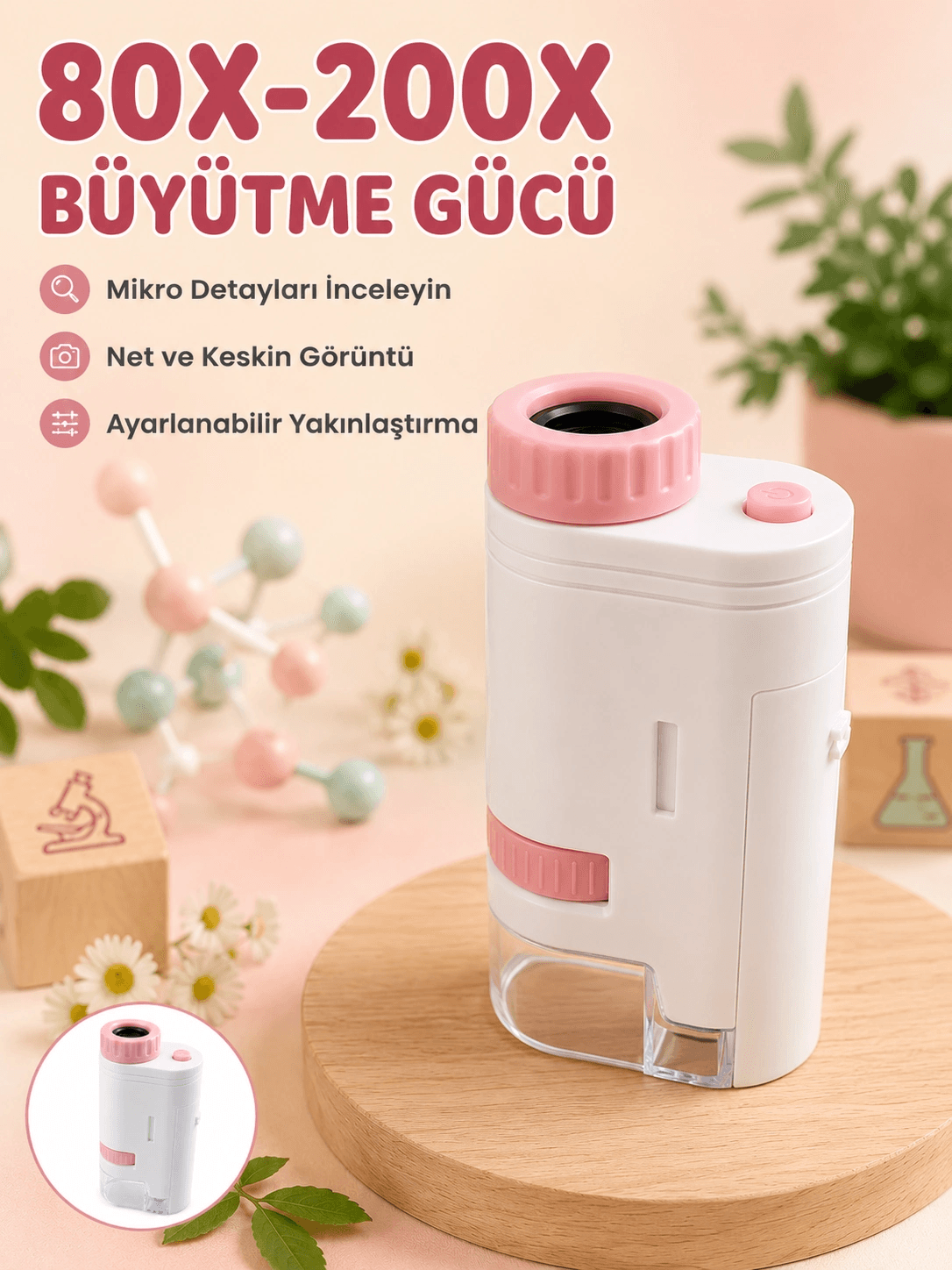 Eğitici Taşınabilir Mikroskop Ayarlanabilir Focus, Led Işık Ve 80x-200x Yakınlaştırma