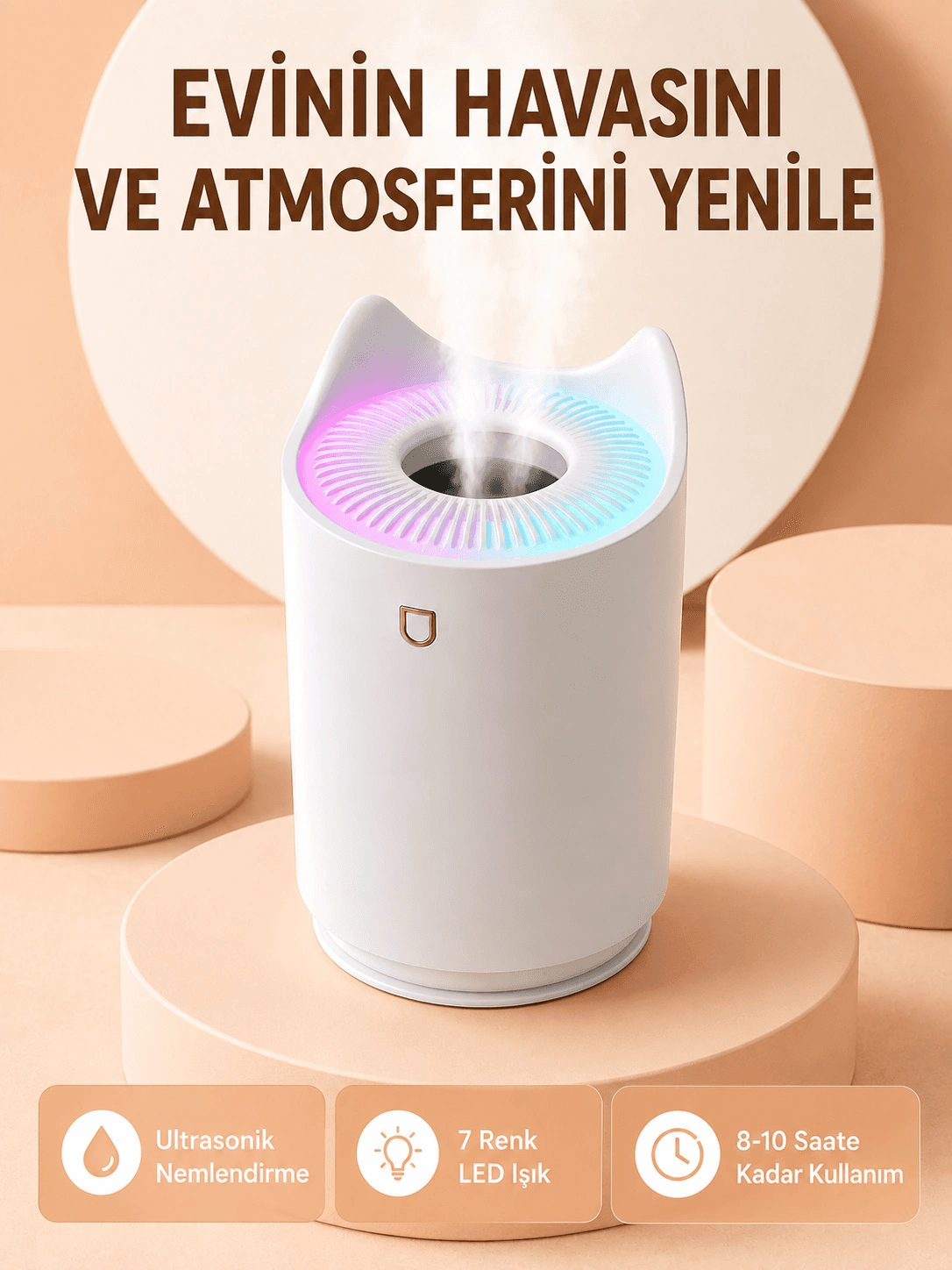 Hava Nemlendirici Buhar Makinesi Aromaterapi Led Işıklı Oda Nemlendirici