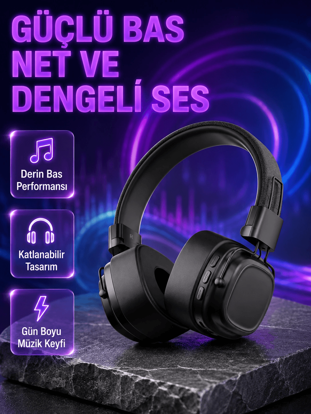 Kablosuz Kulak Üstü Bluetooth Kulaklık Güçlü Bas Ve Katlanabilir Tasarım
