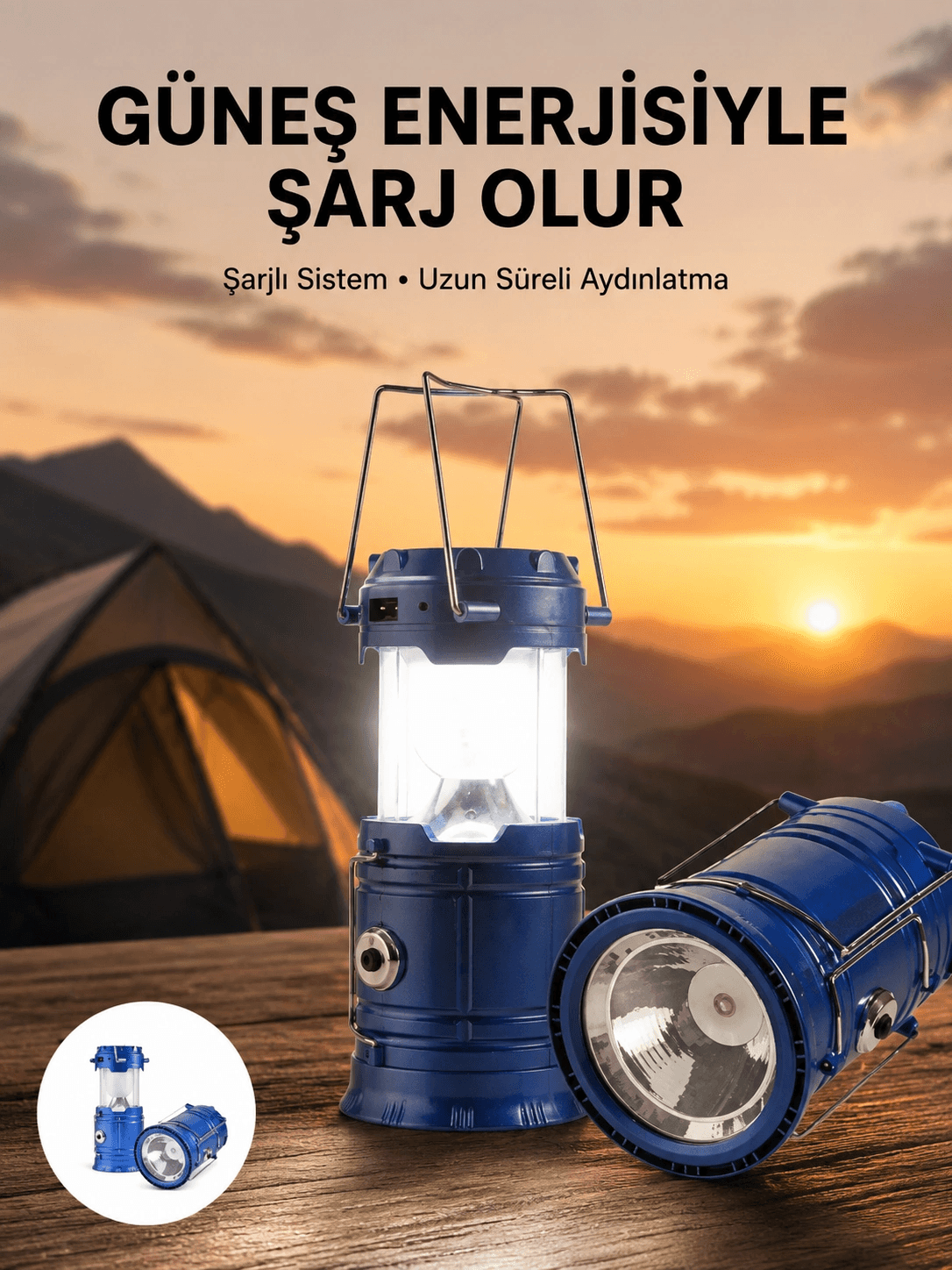 Kamp Feneri Şarj Edilebilir Güneş Enerjili Işıldak Usb Şarjlı