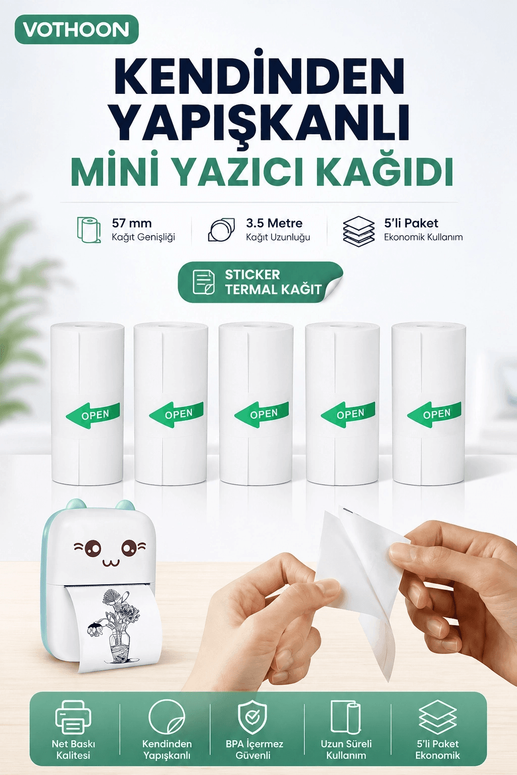 Kendinden Yapışkanlı Çocuk Kamera Baskı Kağıdı, 5’li Rulo 57x25mm Baskı Termal Kağıt Rulo