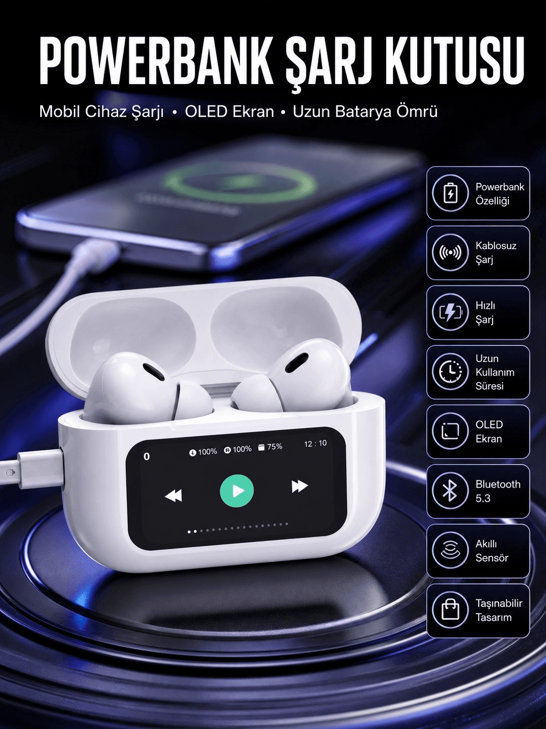 Kulak İçi Bluetooth Kulaklık Ekranlı Müzik Dinleme Çağrı Cevaplama Siyah Yeni Nesil