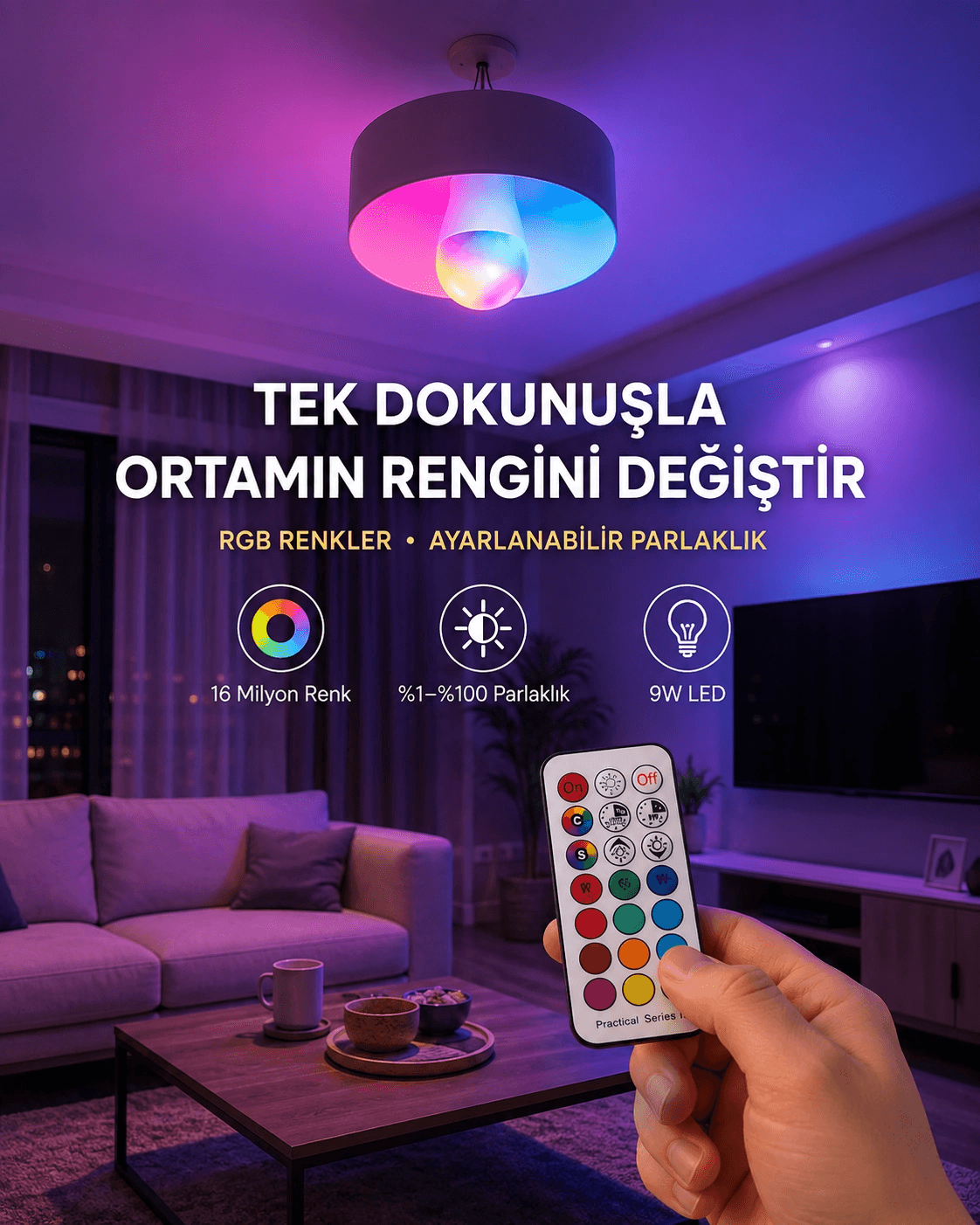 Kumanda Destekli Çok Renkli Akıllı Led Ampul Yeni Nesil