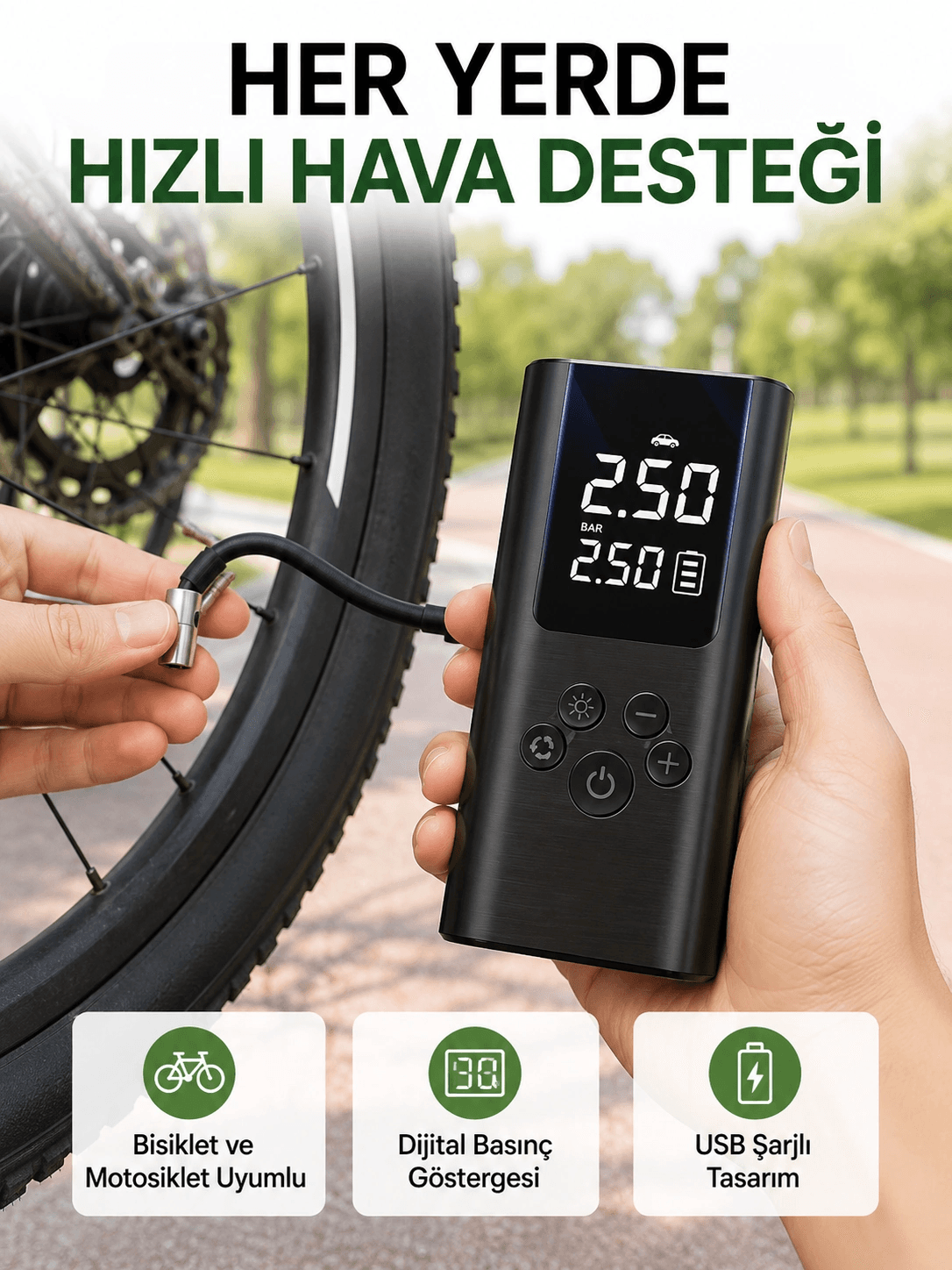 Led Işıklı Dijital Hava Pompası Araba Bisiklet Uyumlu