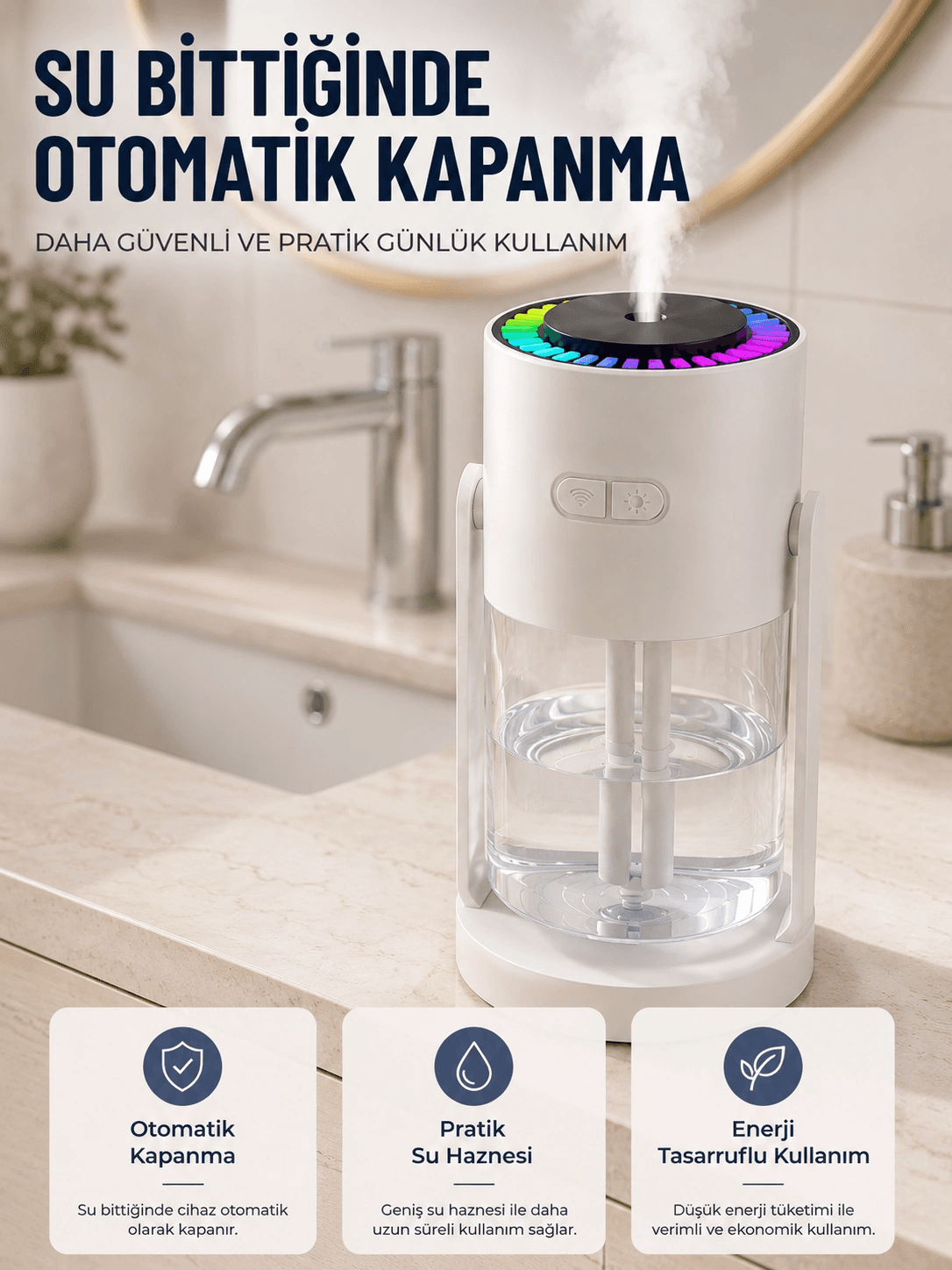 Led Işıklı Hava Nemlendirme Cihazı Şeffaf Su Hazneli Sessiz Masaüstü Nemlendirici
