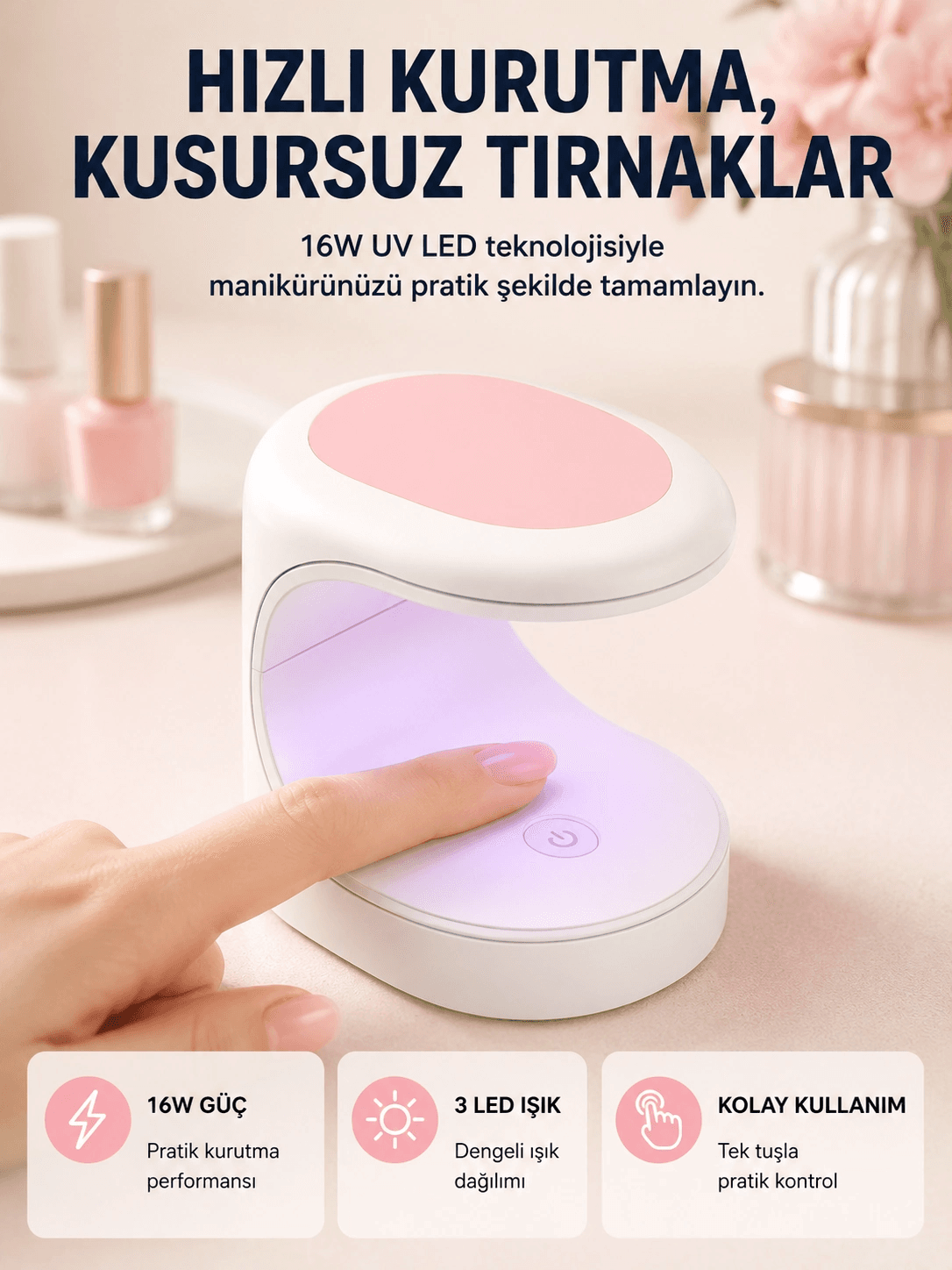 Led Mini Oje Kurutucu Taşınabilir Hızlı Kuruma Cihazı 3 Led Işıklı Yeni Nesil