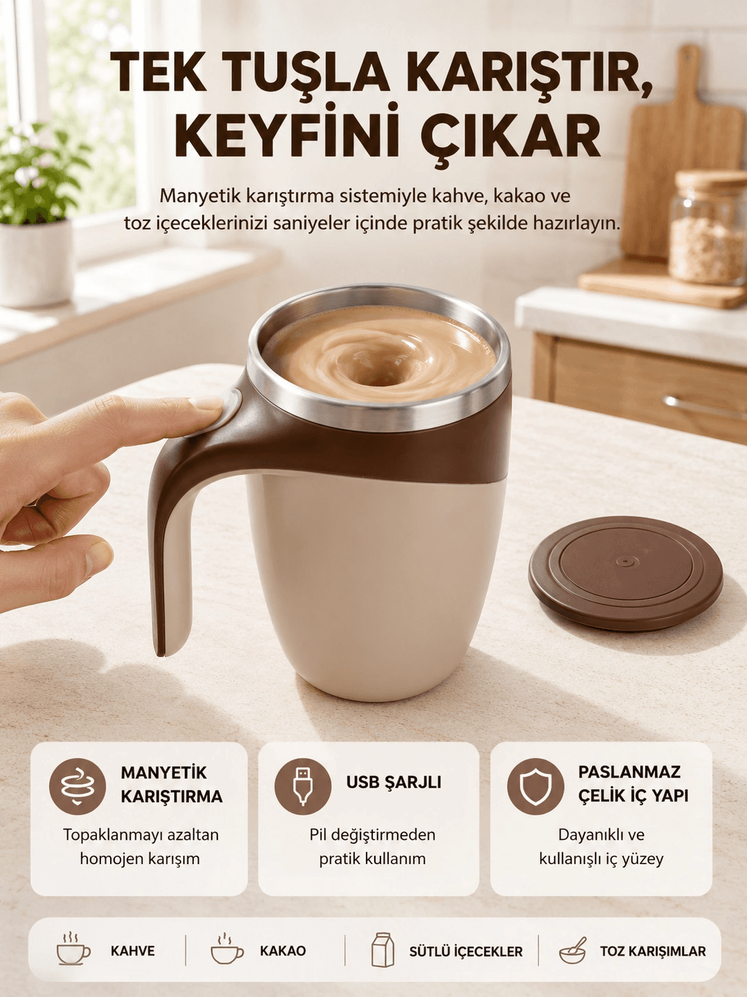 Manyetik Karıştırıcı Kupa Usb Şarjlı Otomatik Karıştırma Çift Katmanlı