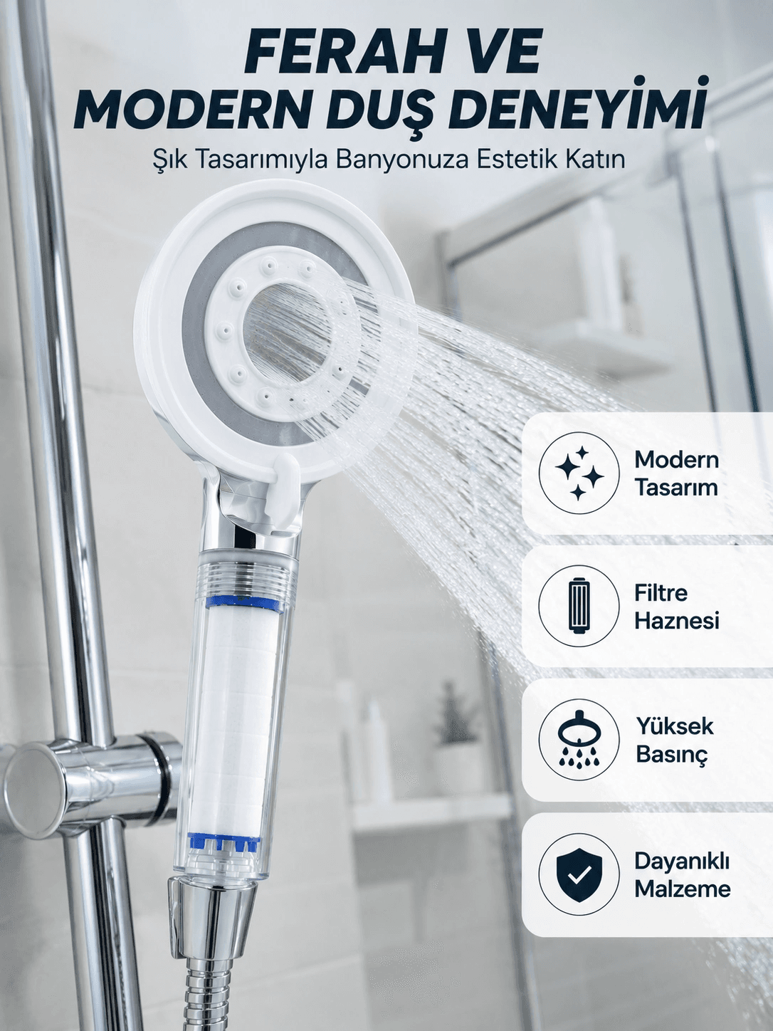 Mineral Taşlı Filtreli Duş Başlığı Güçlü Su Basınçlı Banyo Başlığı
