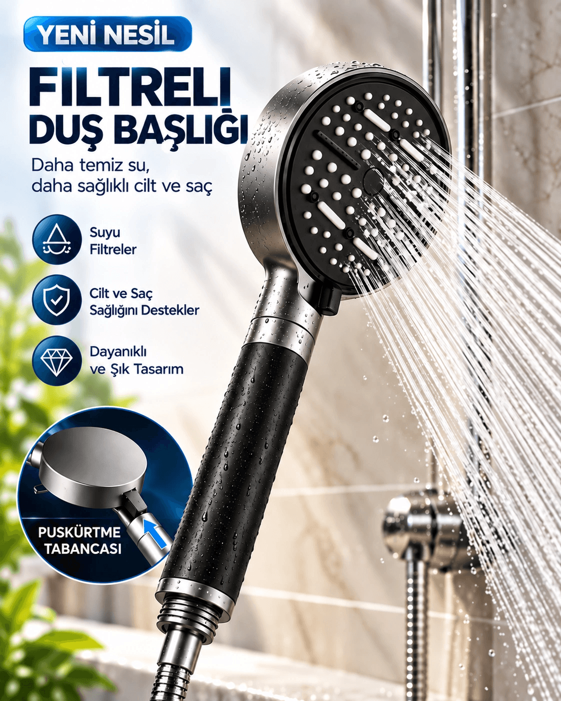 Modern Tasarımlı 6 Modlu Filtreli Duş Başlığı Büyük Panel Metalik Siyah Duş Atı