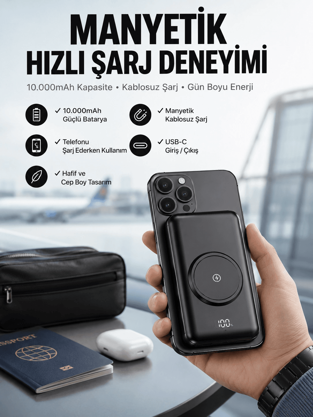Powerbank Taşınabilir 10.000 Mah Hızlı Şarj Dijital Göstergeli