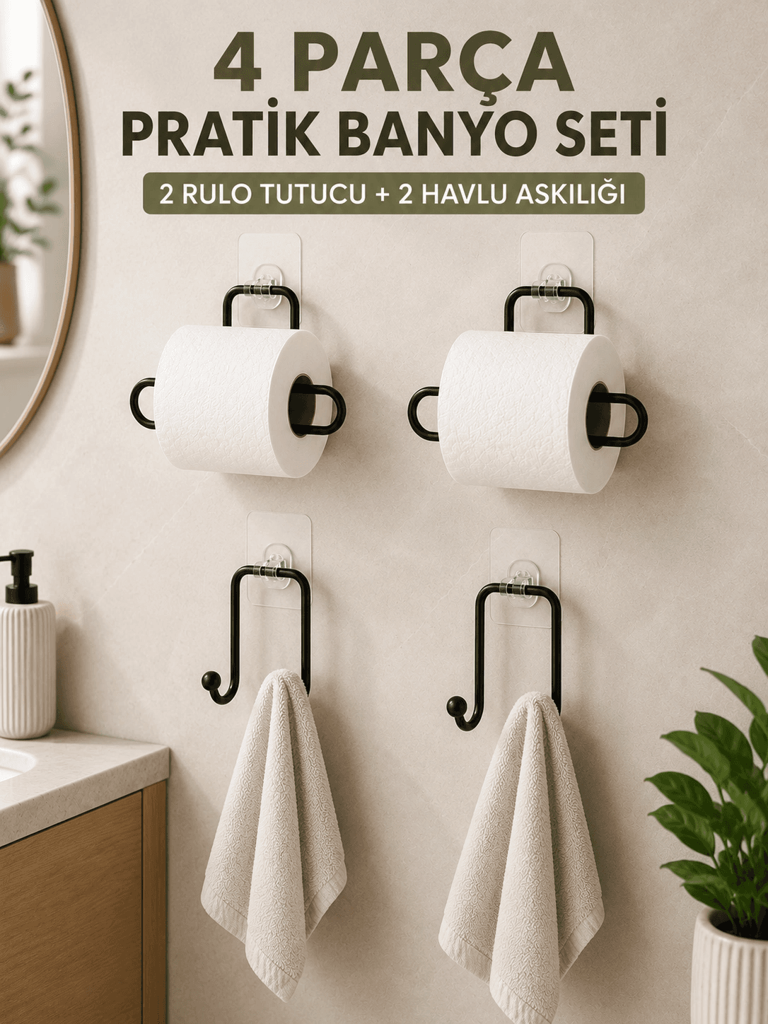 Pratik Banyo Düzenleme Seti 2 Adet Rulo Kağıt Tutucu 2 Adet Havlu Askılığı