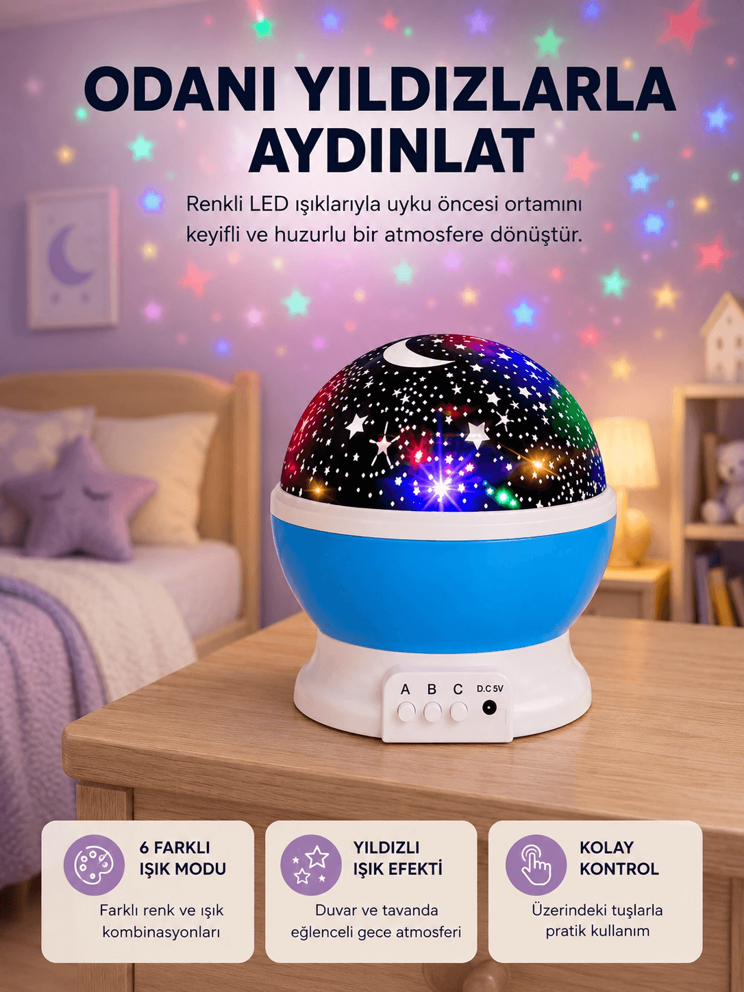 Renkli Led Gece Lambası 6 Işık Modlu Çocuk Odası Atmosfer Aydınlatma