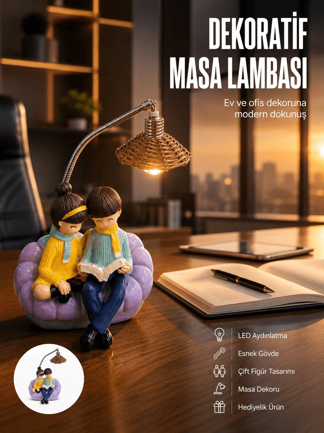 Romantik Çift Temalı Dekoratif Masa Lambası Yumuşak Led Işık