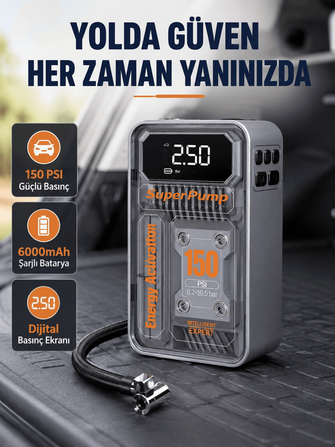 Şarjlı Kablosuz Hava Pompası – 150 Psı Basınç, Led Ekran Ve 6000mah Batarya