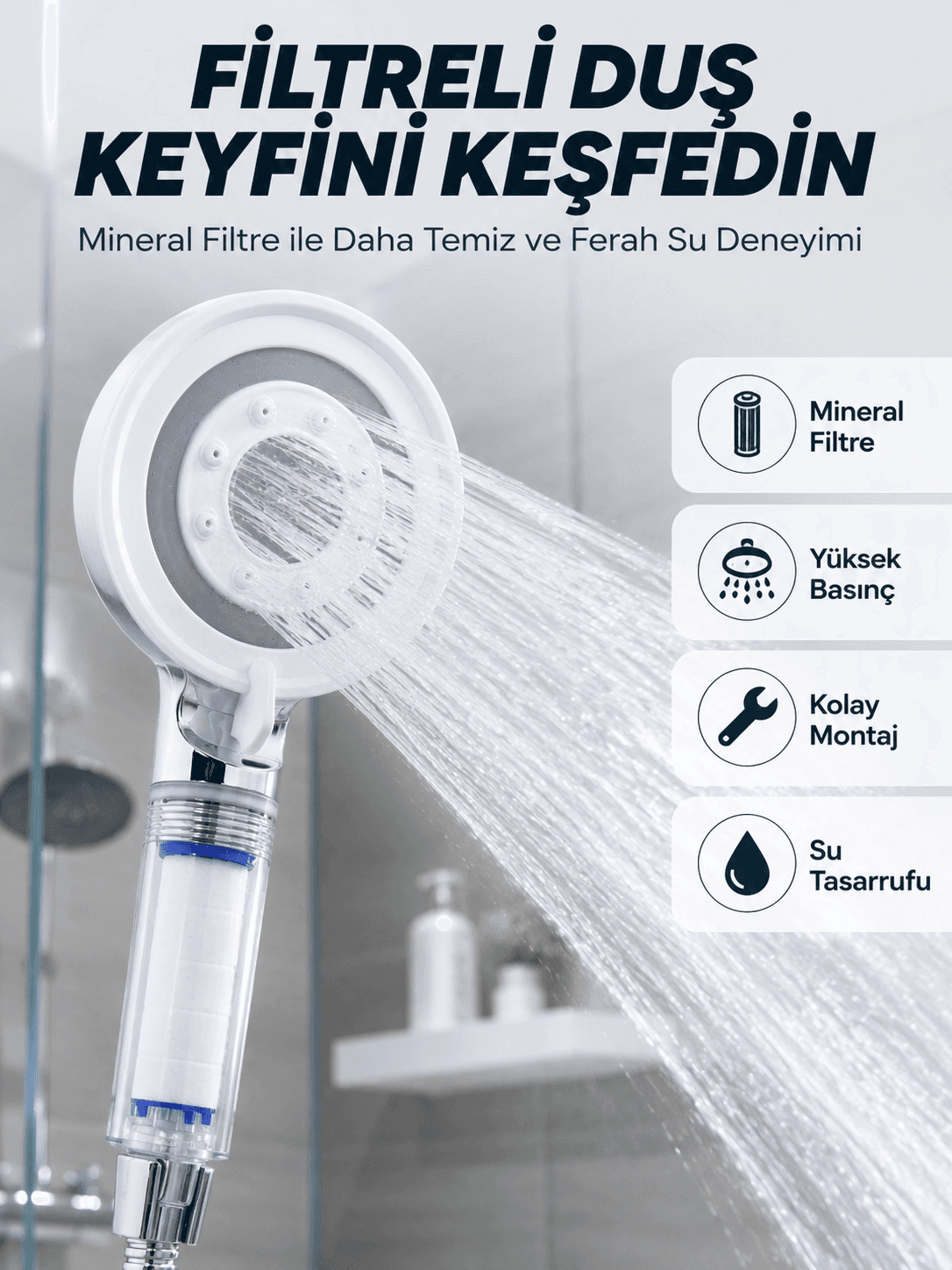 Şeffaf Filtre Hazneli Duş Başlığı Güçlü Akışlı Pratik Banyo Duşu