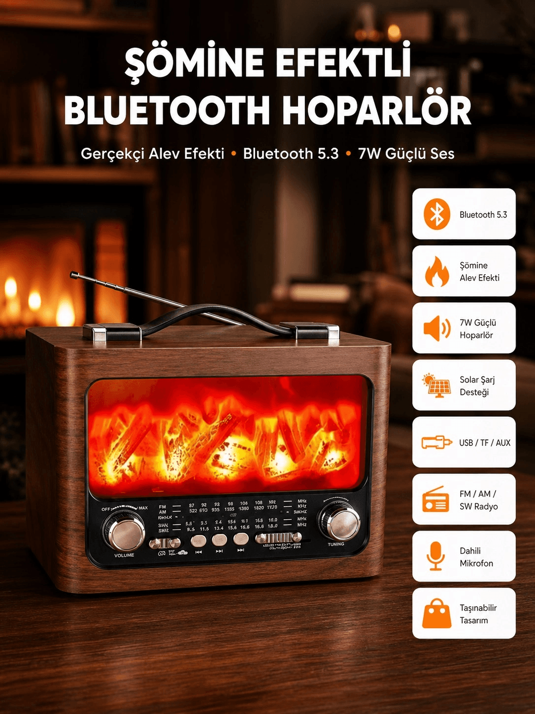 Solar Şarjlı Şömine Işıklı Bluetooth Hoparlör – Radyo, Usb, Tf Kart Destekli