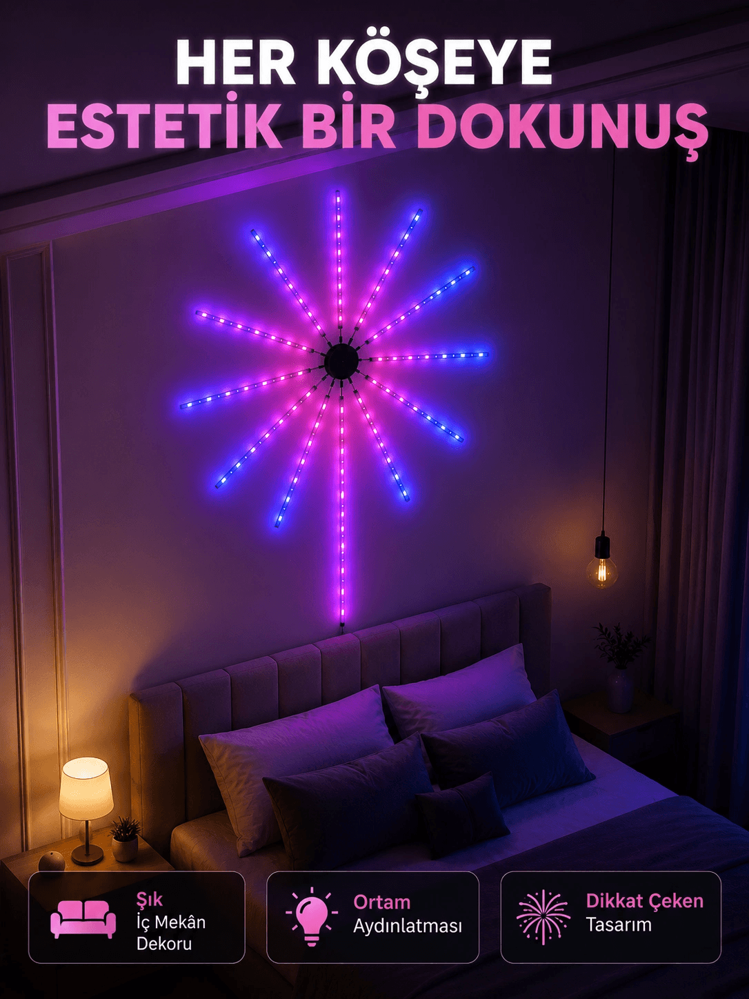 Telefon Kontrollü Rgb Fireworks Led Işık Çok Renkli Dekoratif Duvar Lambası
