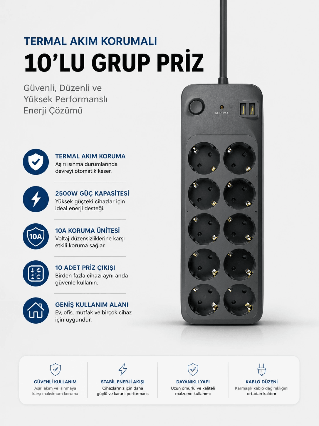 Termal Akım Korumalı Usb Type-c Girişli 10'lu Grup Priz 2500w Güç Kapasitesi (kopya)