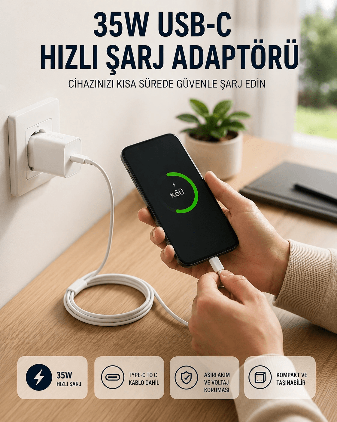 Type-c To C Kablolu 35w Hızlı Şarj Başlığı Set