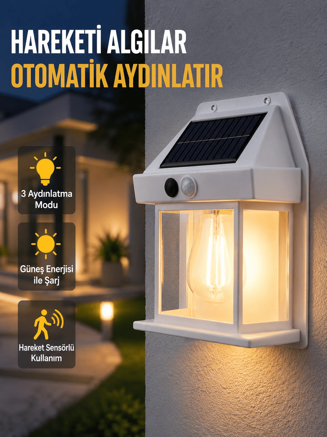 Üç Modlu Güneş Enerjili Duvar Lambası 1800mah Bataryalı Ve Hareket Sensörlü