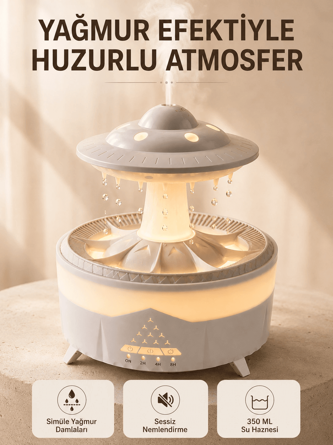 Ufo Tasarımlı 350 Ml Hava Nemlendirici Renkli Ortam Işığı Yağmur Efektli Difüzör
