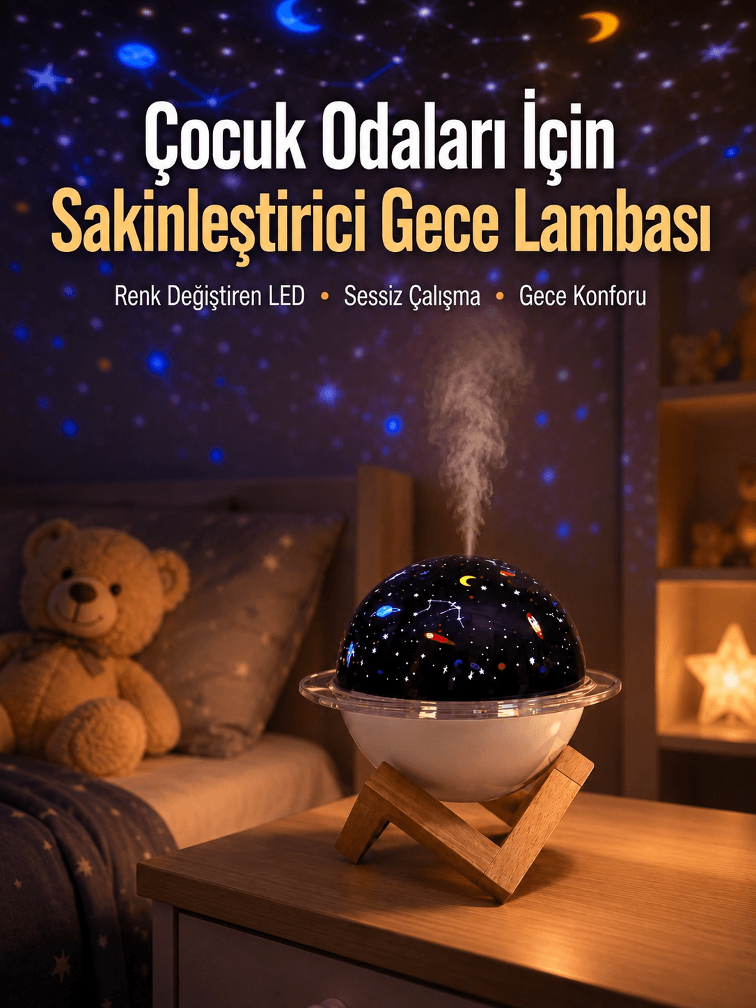 Usb İle Çalışan Projektörlü Aromaterapi Nemlendirici Masaüstü Kullanım İçin Uygun