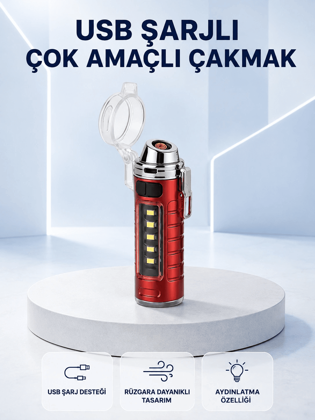 Usb Şarjlı Rüzgar Geçirmez Elektrikli Çakmak El Fenerli