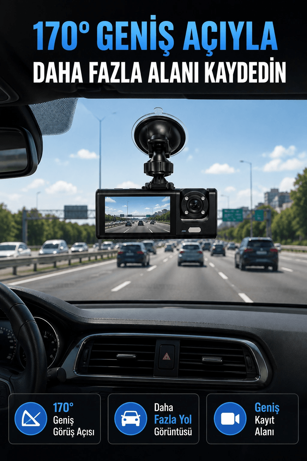 Wifi Destekli Araç İçi Kamera Çift Kameralı Full Hd 1080p 170° Geniş Açılı Araç Kayıt Kamerası