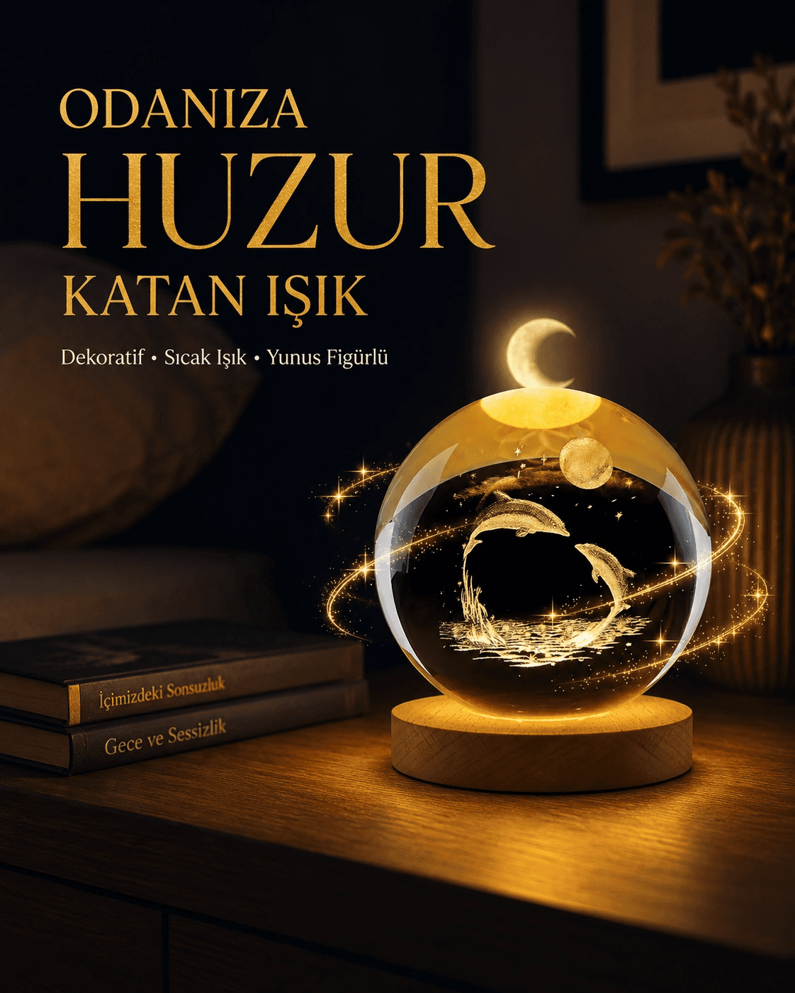 Yunus Temalı Kristal Küre Usb Işıklı Ahşap Altlıklı Gece Lambası